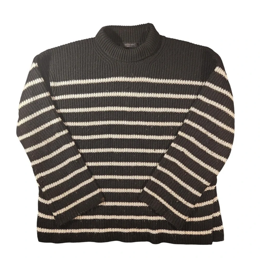 AllSaints Sweater Mens Medium Black Merino Wool Cashmere Pullover Mock Striped